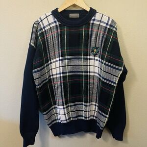 VTG Men's Lord & Taylor Plaid Golf Sweater Cotton Dark Blue Multi Appliqué Sz L